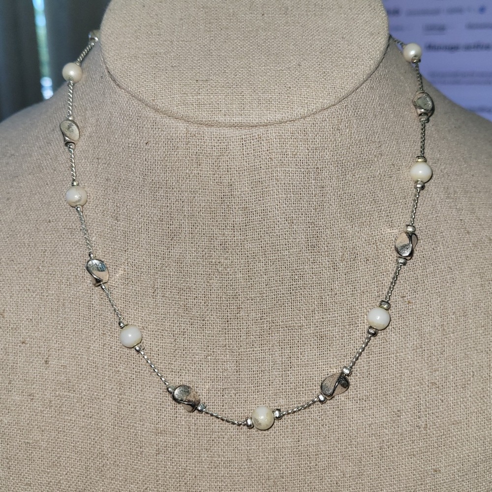Silver Tone White Milky Pod Station Necklace Organic Rope Chain